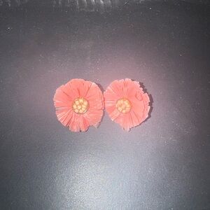 Coral Pink Floral Raffia Stud Earrings